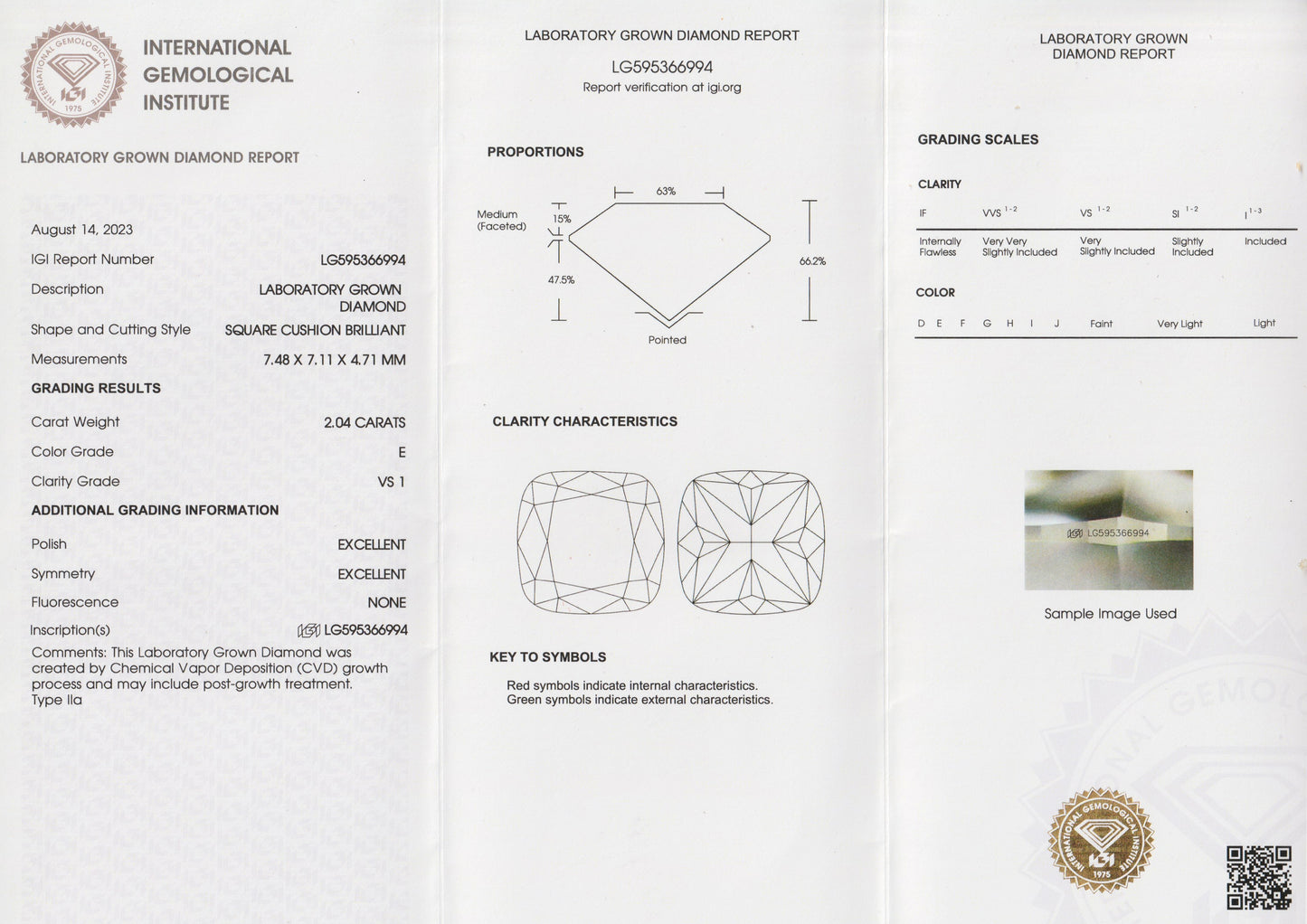 Square Cushion Lab Diamond Platinum Solitaire 2.04ct